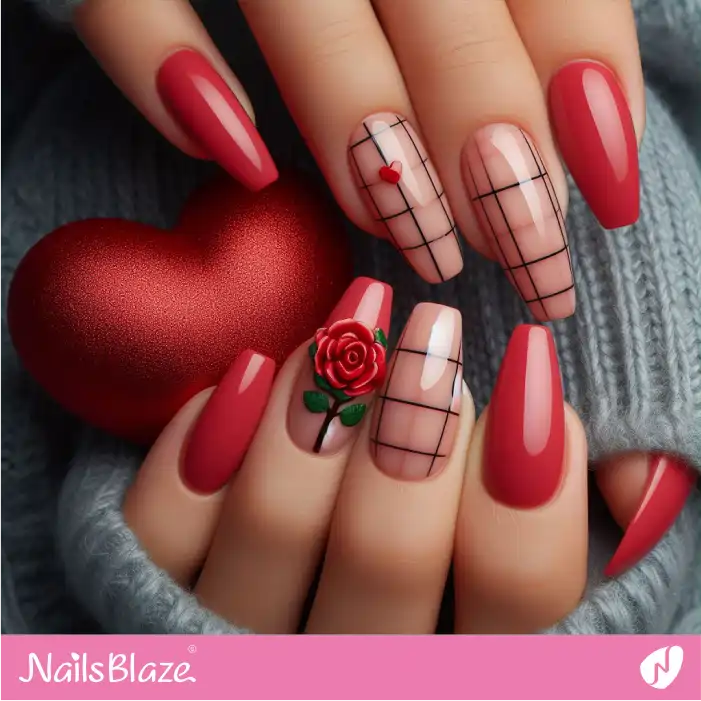 Grid Pattern Nails with a 3D Rose | Valentine Nails - NB2933